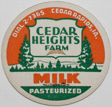Vintage milk bottle cap CEDAR HEIGHTS FARM Dial 2-7365 Cedar Rapids Iowa unused