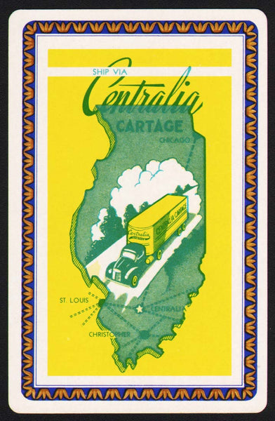 Vintage playing card CENTRALIA CARTAGE blue border truck and state of Illinois