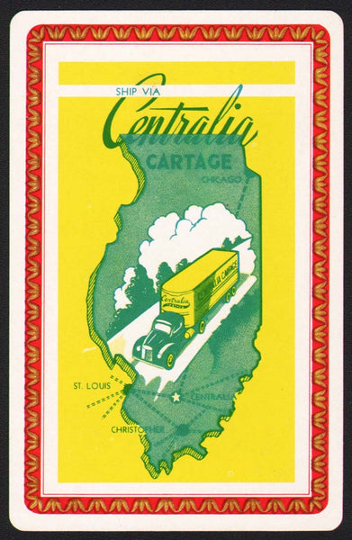 Vintage playing card CENTRALIA CARTAGE red border truck and state of Illinois