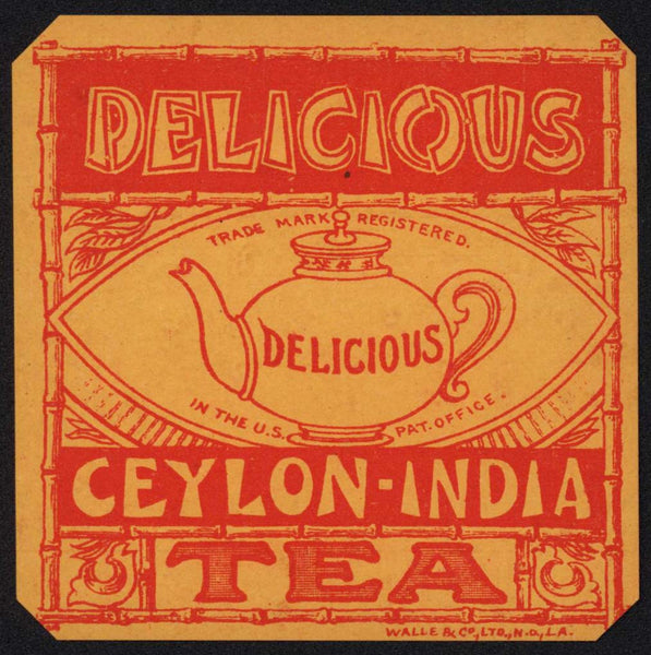 Vintage label CEYLON INDIA TEA teapot pictured Walle New Orleans LA n-mint+