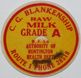 Vintage milk bottle cap C G BLANKENSHIP Raw Milk Huntington West Virginia unused