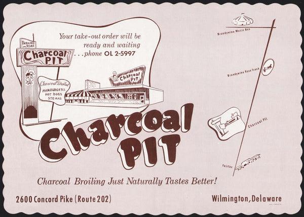 Vintage placemat CHARCOAL PIT restaurant and sign pictured Wilmington Delaware