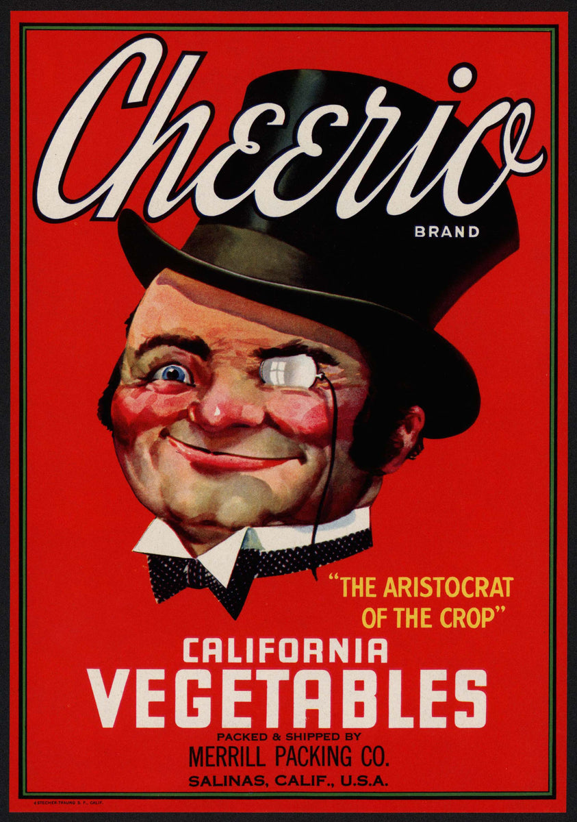 Vintage label CHEERIO Vegetables man with monocle pictured Merrill Sal ...
