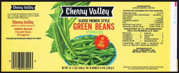 Vintage label CHERRY VALLEY Green Beans Jewel Co Melrose Park Illinois n-mint+