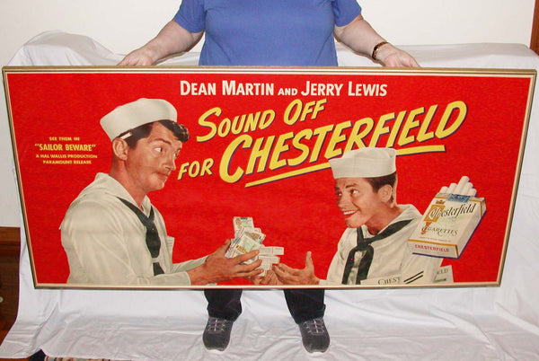 Vintage sign CHESTERFIELD cigarettes 1952 Dean Martin Jerry Lewis 62" x 30" Rare