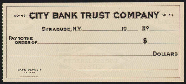 Vintage bank check CITY BANK TRUST COMPANY Syracuse New York new old stock n-mint