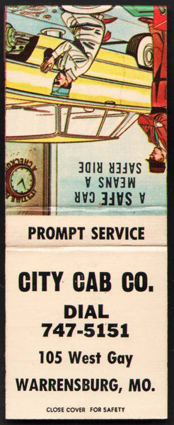 Vintage full matchbook CITY CAB CO Warrensburg MO A Safe Car Means A Safer Ride