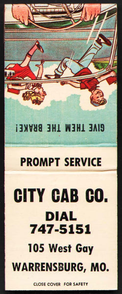 Vintage full matchbook CITY CAB CO Warrensburg MO Give Them The Brake kids pictured