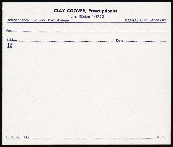 Vintage receipt CLAY COOVER PRESCRIPTIONIST prescription Kansas City Missouri