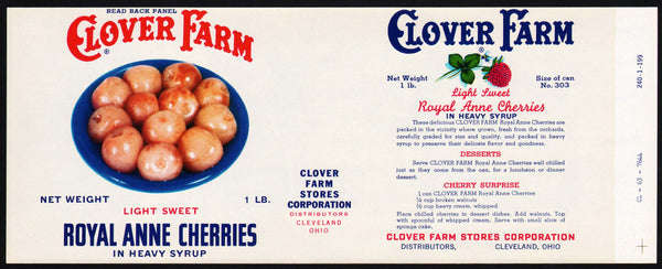 Vintage label CLOVER FARM Royal Anne Cherries pictured Cleveland Ohio n-mint+