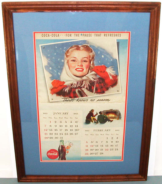 Vintage calendar COCA COLA from 1945 original professionally matted walnut frame