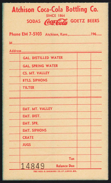 Vintage receipt COCA COLA BOTTLING CO Atchison Kansas 1960s Goetz Beers n-mint