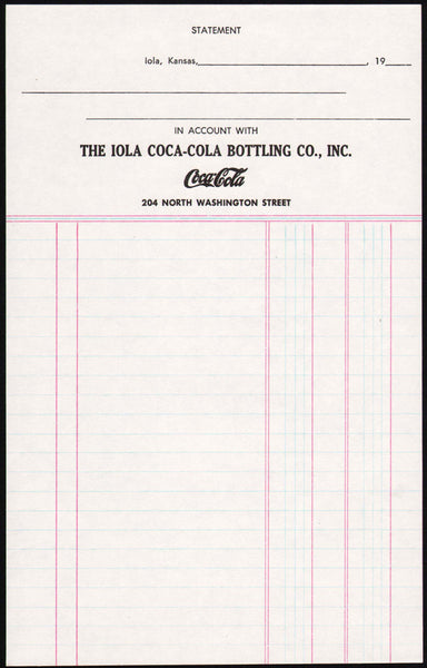 Vintage receipt COCA COLA BOTTLING CO Statement Iola Kansas new old stock n-mint+