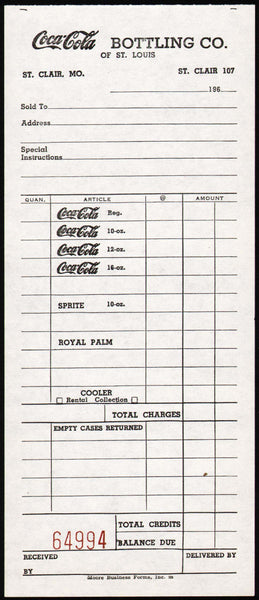 Vintage receipt COCA COLA BOTTLING CO OF ST LOUIS St Clair Missouri 1960s n-mint+