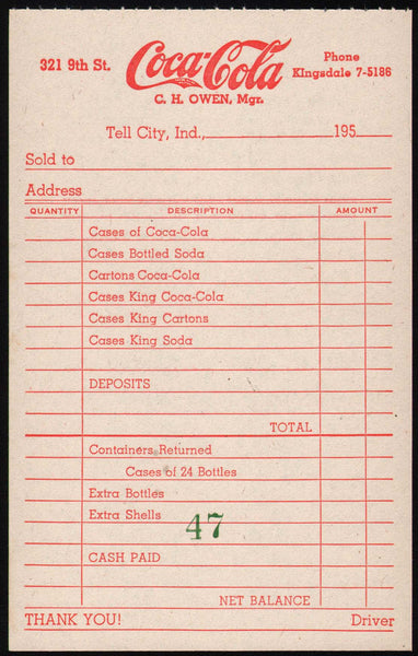 Vintage receipt COCA COLA Tell City Indiana 1950s C H Owen new old stock n-mint+