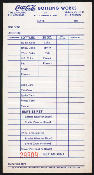 Vintage receipt COCA COLA BOTTLING WORKS 1970s Tullahoma Tennessee unused n-mint