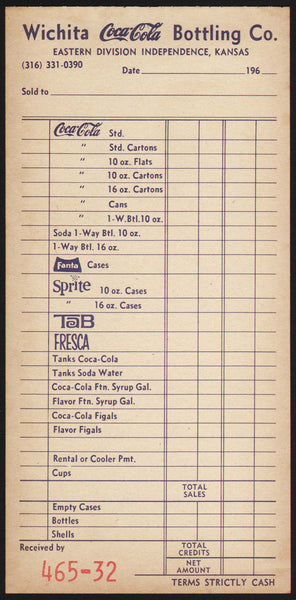 Vintage receipt COCA COLA Wichita Bottling Co 1960s Independence Kansas n-mint