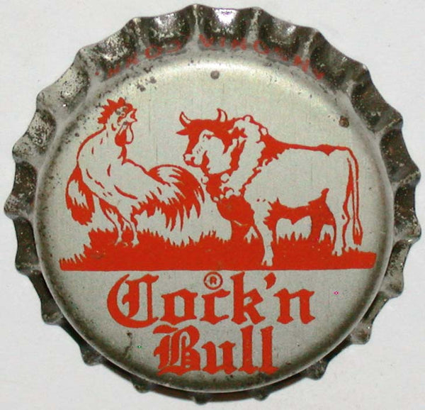 Vintage soda pop bottle cap COCK 'N BULL Ansonia Conn silver red rooster bull