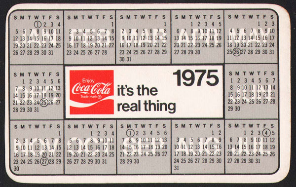 Vintage pocket calendar COCA COLA 1975 Its the Real Thing new old stock n-mint