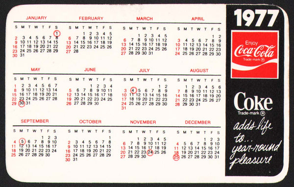 Vintage pocket calendar COCA COLA 1977 Coke adds life to slogan unused n-mint