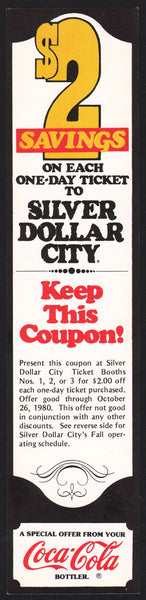 Vintage carton stuffer COCA COLA Silver Dollar City $2 Savings dated 1980 unused