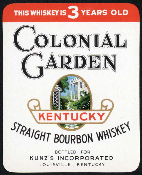 Vintage label COLONIAL GARDEN Kentucky Whiskey Kunzs Louisville Kentucky n-mint+