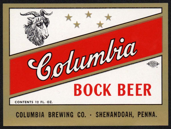 Vintage label COLUMBIA BOCK BEER ram pictured Shenandoah Pennsylvania n-mint+