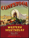 Vintage label CONESTOGA Western Vegetables wagon Schuman Farms Watsonville CA