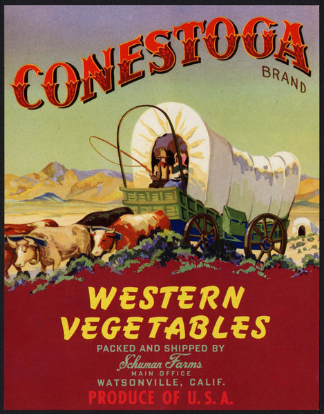 Vintage label CONESTOGA Western Vegetables wagon Schuman Farms Watsonville CA