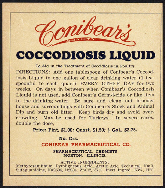 Vintage label CONIBEARS Coccodiosis Liquid Pharmaceutical Chemists Morton ILL