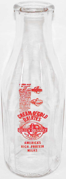 Vintage milk bottle CREAM O' GOLD DAIRIES pyro quart TSPQ Hutchinson Kansas