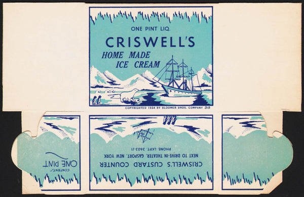 Vintage box CRISWELLS ICE CREAM 1pt 1934 polar bear ship Gasport New York unused