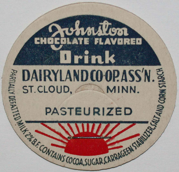 Vintage milk bottle cap DAIRYLAND COOP ASSN Johnston Chocolate St Cloud Minnesota