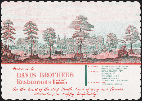 Vintage placemat DAVIS BROTHERS RESTAURANTS cotton field pictured Albany Georgia