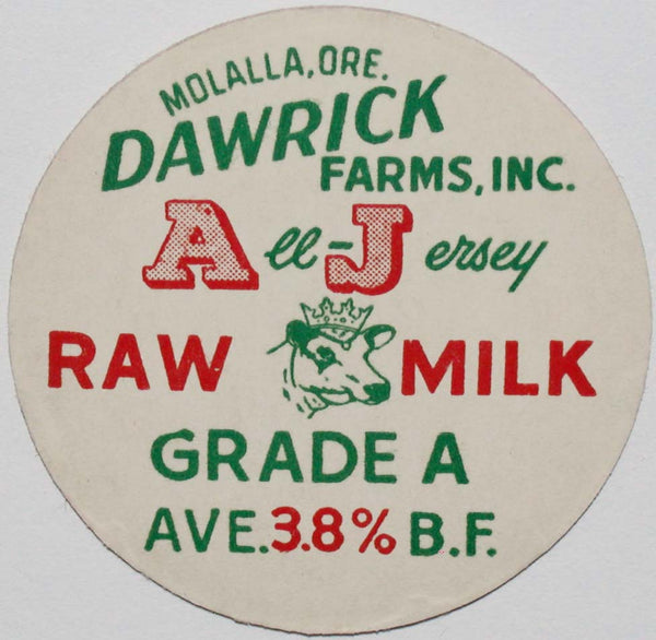 Vintage milk bottle cap DAWRICK FARMS INC Raw Milk cow pictured Molalla Oregon