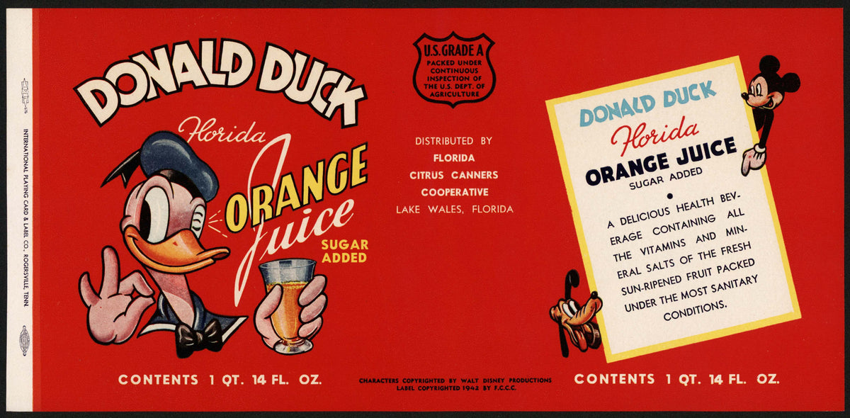 Vintage label DONALD DUCK Florida Orange Juice #2 Mickey Mouse Pluto W ...