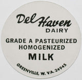 Vintage milk bottle cap DEL HAVEN DAIRY Homogenized Milk Greenville West Virginia