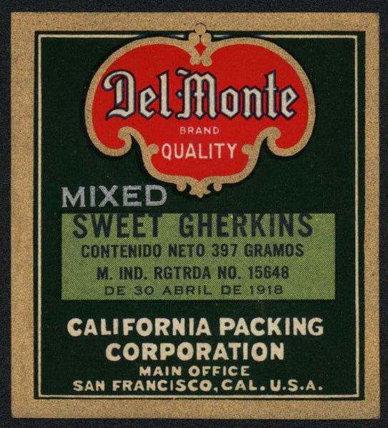Vintage label DEL MONTE Sweet Gherkins California Packing San Francisco n-mint+