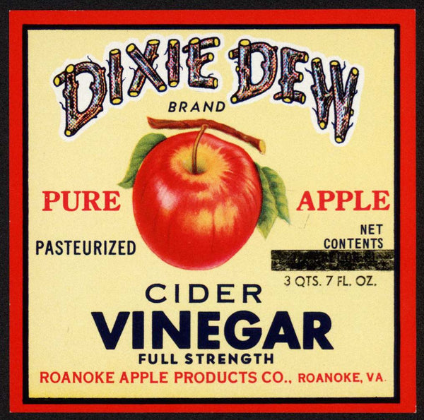 Vintage label DIXIE DEW Cider Vinegar apple pictured Roanoke Virginia n-mint+