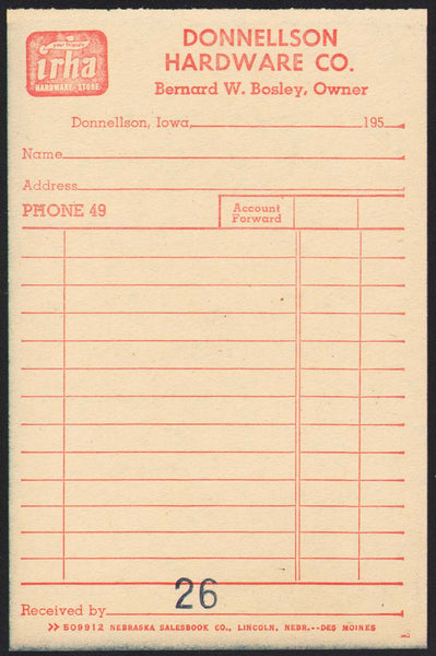 Vintage receipt DONNELLSON HARDWARE Bernard Bosley 1950s Phone 49 Iowa unused