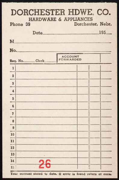 Vintage receipt DORCHESTER HDWE CO Hardware Appliances Nebraska 1950s n-mint