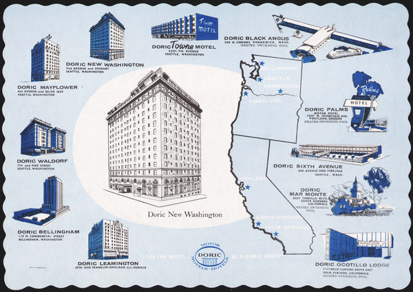 Vintage placemat DORIC NEW WASHINGTON old hotels in Oregon Washington California