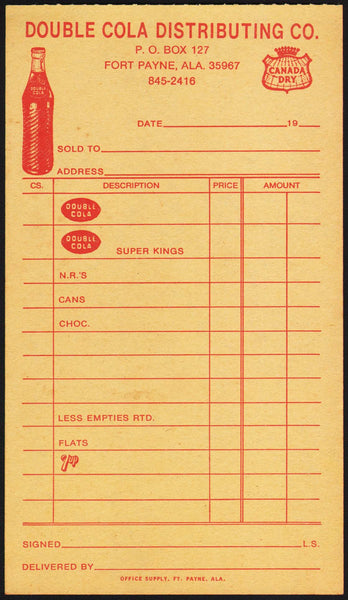 Vintage receipt DOUBLE COLA DISTRIBUTING CO bottle pictured Fort Payne Alabama