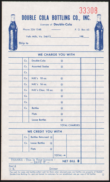 Vintage receipt DOUBLE COLA BOTTLING CO bottles pictured Falls Mills Virginia