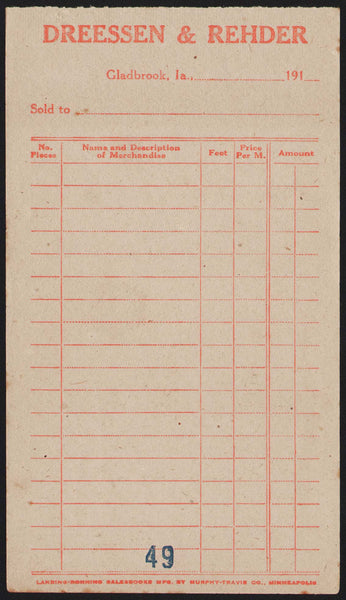 Vintage receipt DREESSEN and REHDER dated 1910s Gladbrook Iowa new old stock