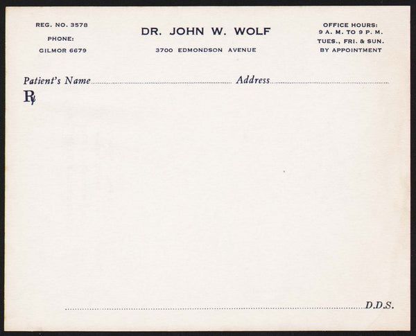 Vintage receipt DR JOHN W WOLF prescription Voshells Pharmacy Baltimore Maryland