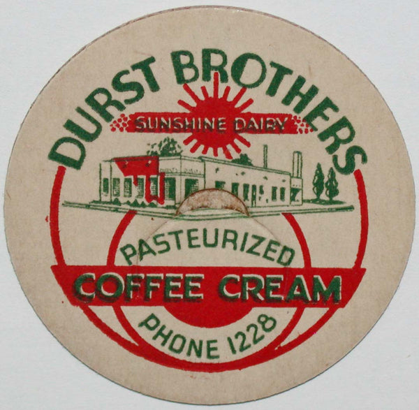 Vintage milk bottle cap DURST BROTHERS Sunshine Dairy Coffee Cream Quincy Illinois