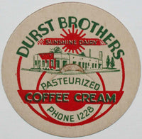 Vintage milk bottle cap DURST BROTHERS Sunshine Dairy Coffee Cream Quincy Illinois