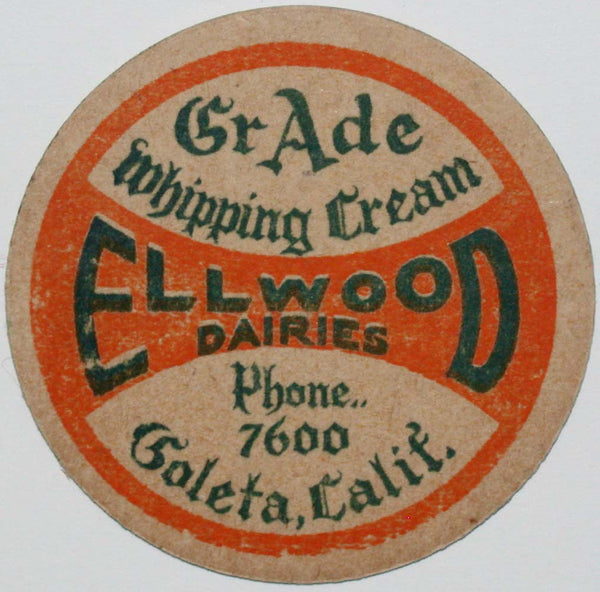 Vintage milk bottle cap ELLWOOD DAIRIES Whipping Cream Goleta California unused