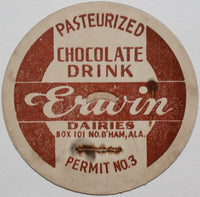 Vintage milk bottle cap ERWIN DAIRIES Chocolate Birmingham Alabama new old stock